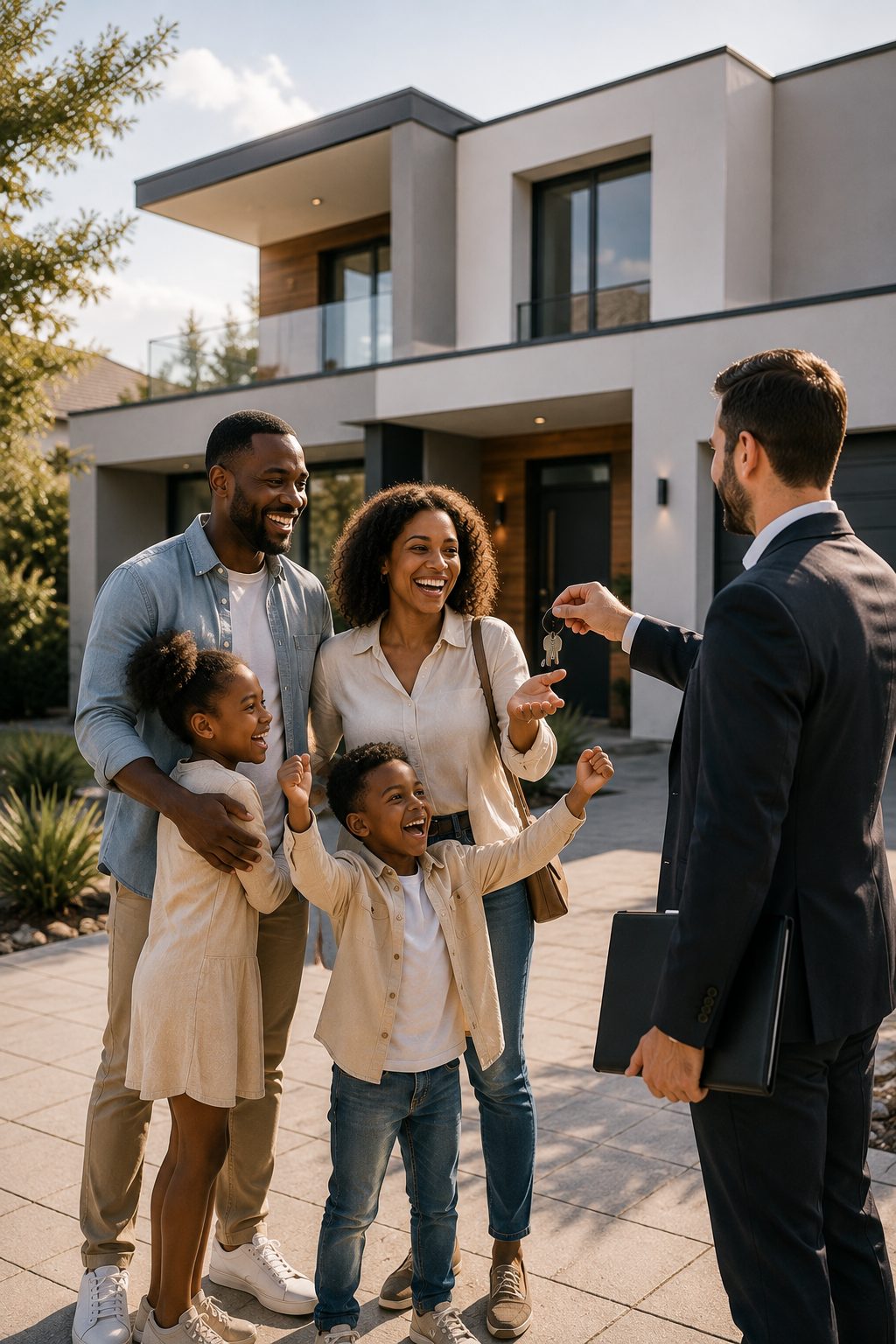Famille recevant les clés de sa nouvelle maison